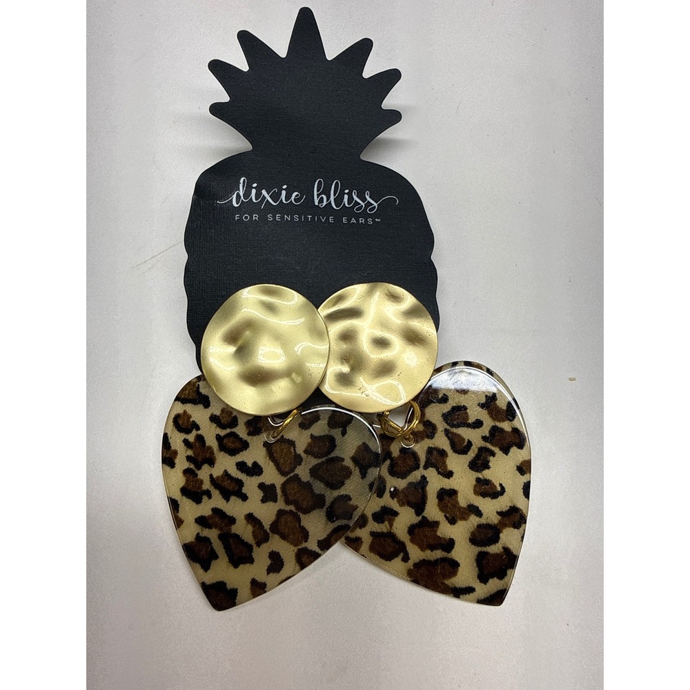Dixie Bliss Leopard Print Heart Drop Earrings Gold Tone Sensitive Ears New